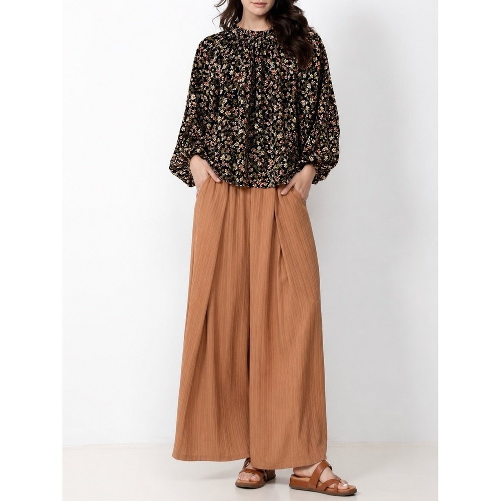 LOFT Black Floral Long Sleeve Mocked Neck Blouse